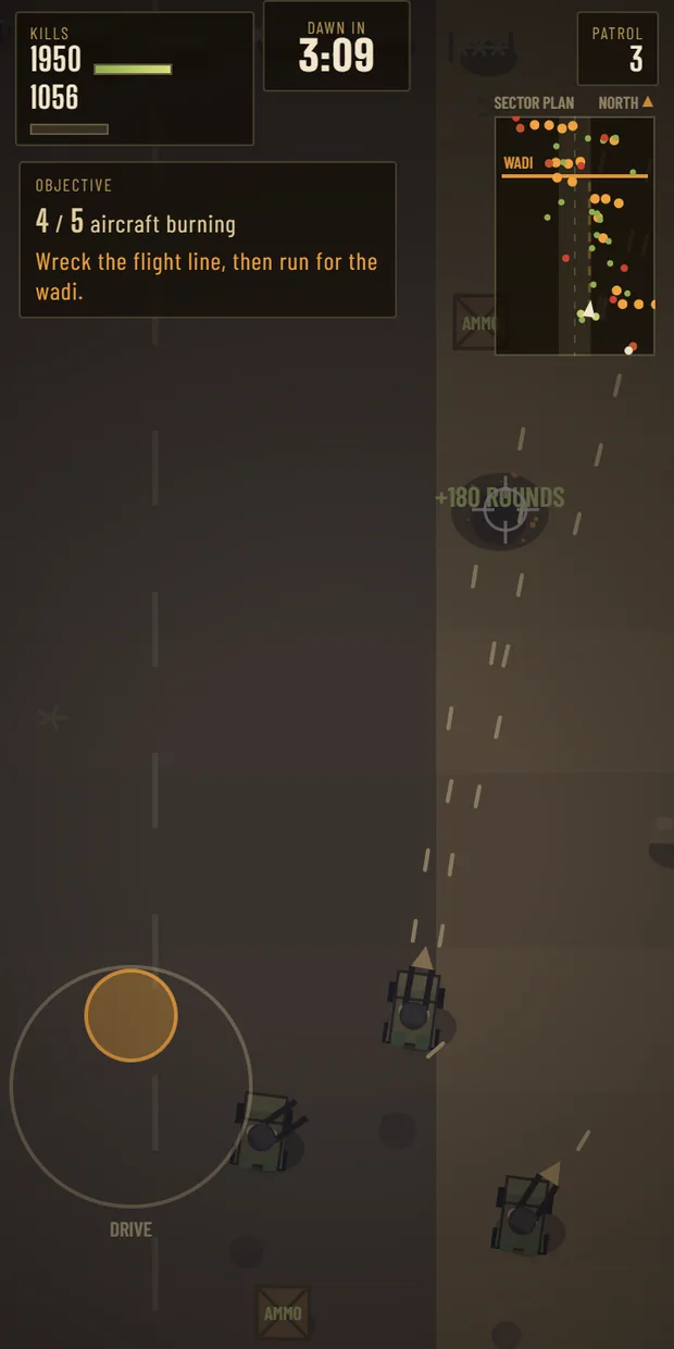 The game running in portrait on a phone, with a drive stick at bottom left and burning wrecks across the runway.